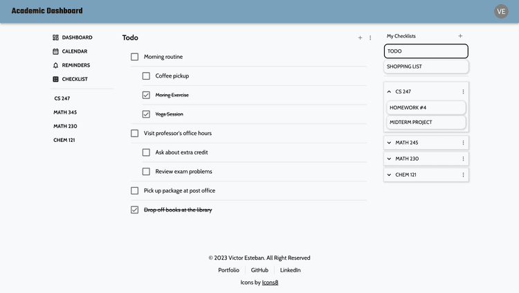 Academic Dashboard Checklist Page